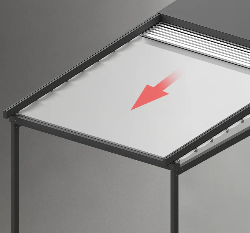 Rozwijany dach. Zadaszenie można całkowicie zwinąć lub rozwinąć, a także zatrzymać w dowolnym położeniu